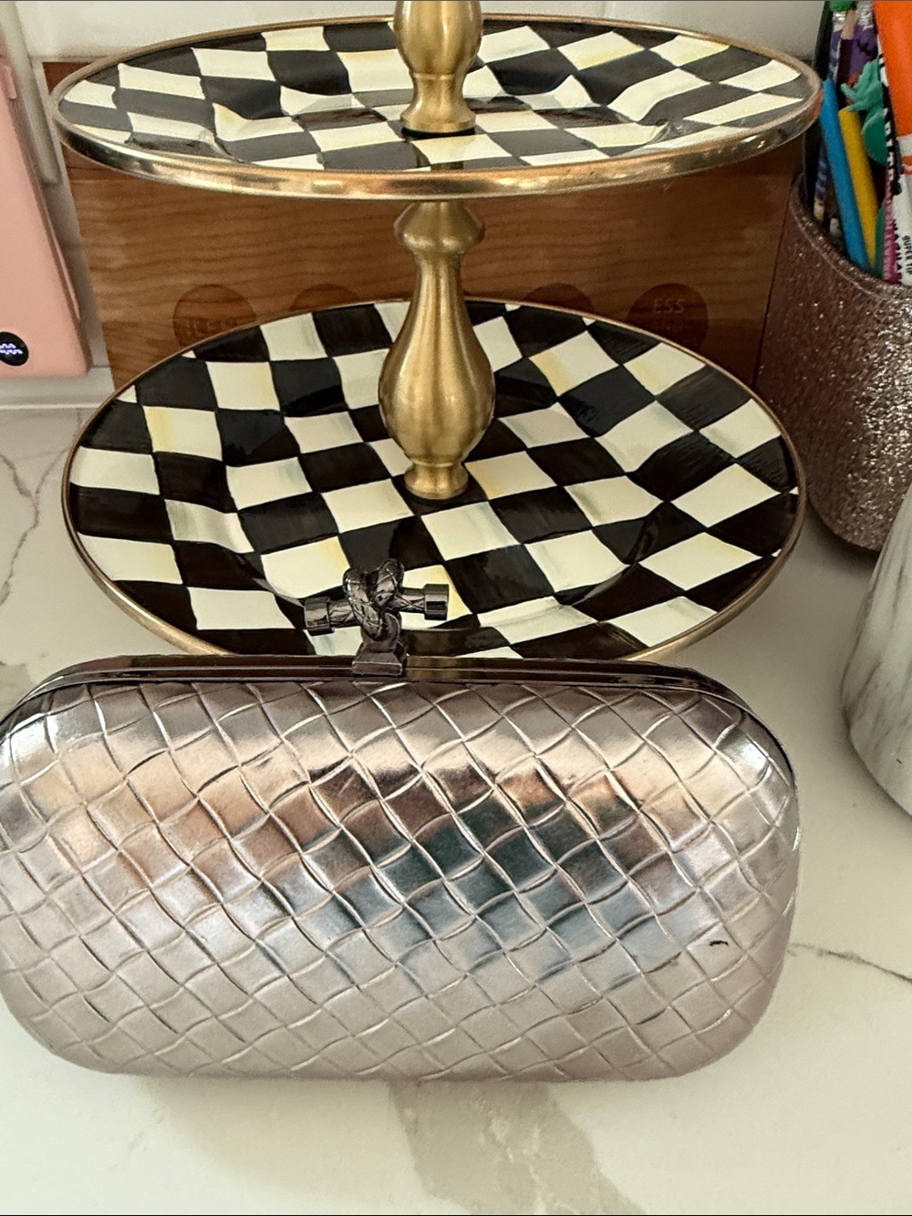 Woven Metallic Silver Hardcase Clutch with Bow Clasp